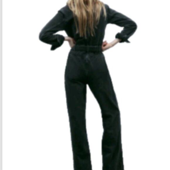 ZARA FULL LENGTH DENIM JUMPSUIT Long Sleeve Belted Collared Straight Leg M Black - Picture 8 of 16